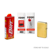 Gold Oil Lighter + Enuff Lighter Fluid Refill (133ml) + Zippo Wick, Flints