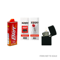 Black Oil Lighter + Enuff Lighter Fluid Refill (133ml) + Zippo Wick, Flints