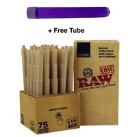 Raw Pre Rolled Classic Cones 75 pack 1 1/4 Rolling Paper with tips Box Free Tube