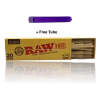 Raw Classic Natural Unrefined 1 1/4 Pre Rolled Paper Cones 20 Pack + Free Tube