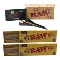 2 x Raw Classic Natural King Size Pre Rolled Paper Cones 20 Pack + Cone Loader