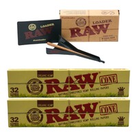 2 x Raw Organic Natural King Size Pre Rolled Paper Cones 32 Pack + Cone Loader