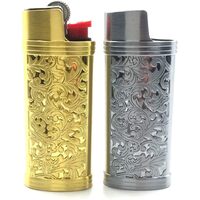 Gold + SIlver Metal Lighter Case Cover Holder Sleeve Pouch For BIC Mini Lighter J25