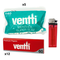 700 Ventti Menthol Super Slim Green Filter Tips + 720 Ventti Papers + Lighter 